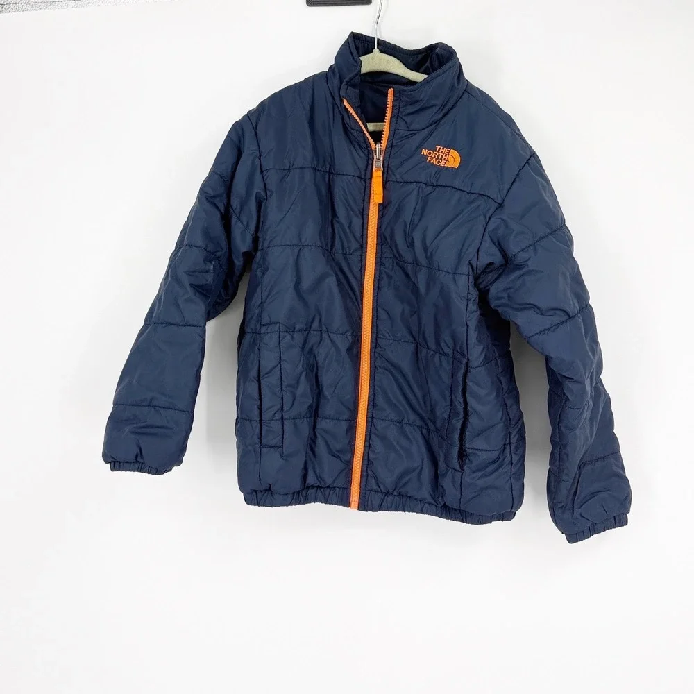 The North Face Boys Navy Blue Puffer Jacket Orange Zip Insulated Coat Size S 7/8